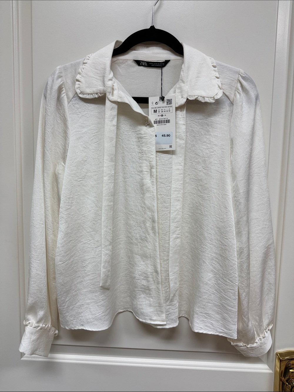 ZARA Cream Tie-Neck Long Sleeve Blouse